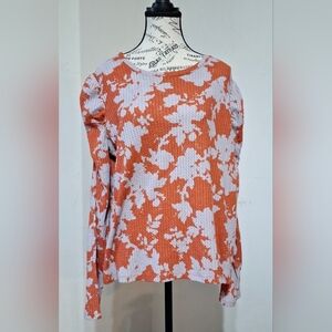 Simply Vera Vera Wang Orange and White Floral Waffle-Knit Long Sleeve Top